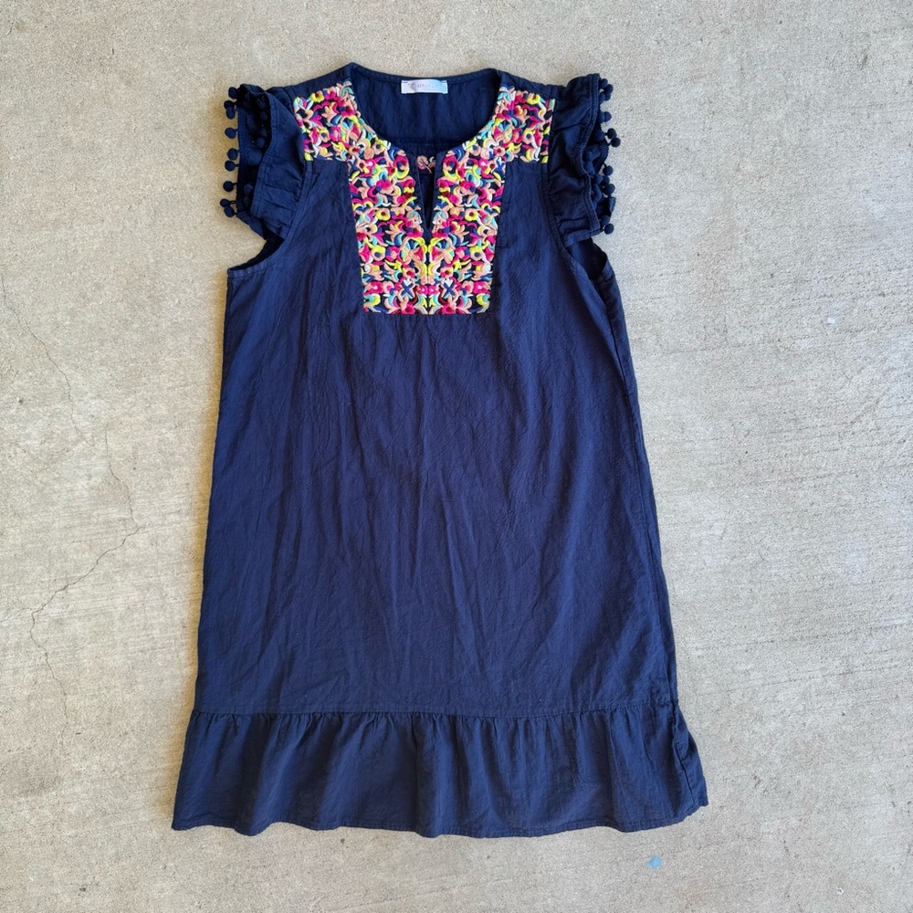 KIRUNDO Navy Blue Embroidered Short Sleeve Boho Dress with Pom Fringe Size S